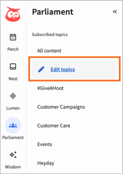 Parliament navigation with Edit topics highlighted.