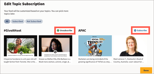 Example of Edit Topic Subscription screen with unsubscribe and subscribe highlighted.