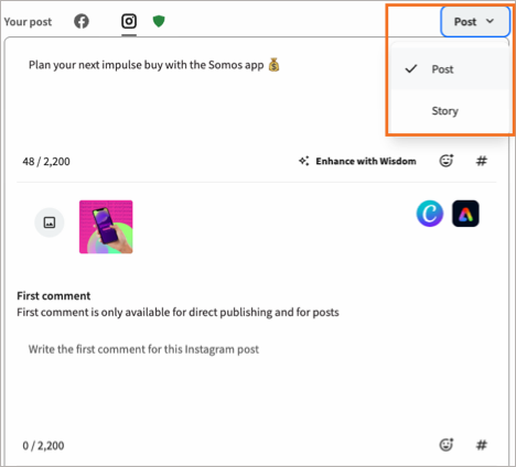 Sample Instagram post showing the Post and Story options.