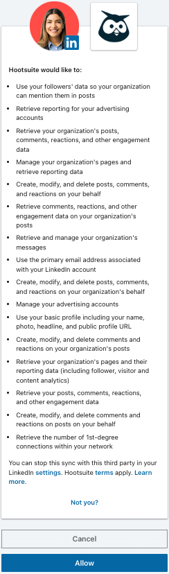Example LinkedIn permissions screen.