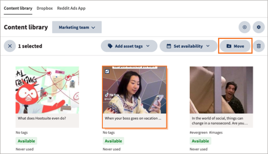 A content library with media asset selected and the Move option highlighted.