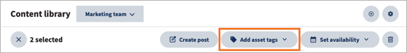 The Content library page, with the Add asset tags option highlighted.