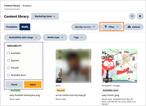 A screenshot of the Content library with media assets, with the Filter option highlighted, and showing the options for the Availability filter.