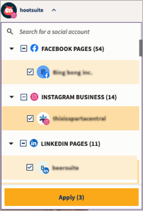Sample social account selections showing three accounts selected.
