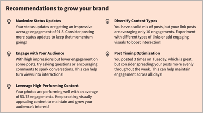 Sample recommendations that include when to post, how often to post, and how to boost reach with holiday content.