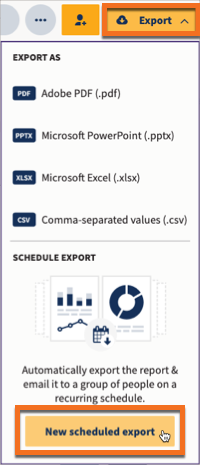 Export options highlighting new scheduled export button.