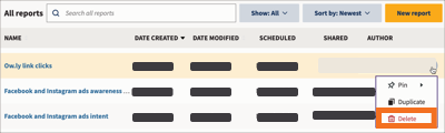 List of all reports with more actions and delete button highlighted.