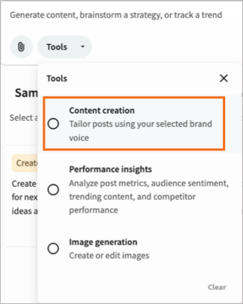 The Tools menu in OwlyGPT, with the Content creation option highlighted.