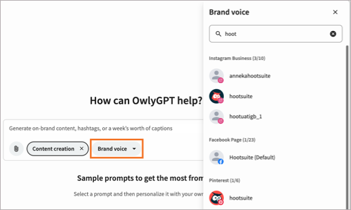 The OwlyGPT conversation window with the Brand voice option highlighted.