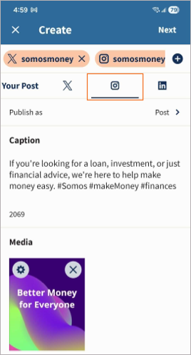 An image of the Hootsuite mobile app composer with multiple social accounts selected, and the tab for a specific account selected.