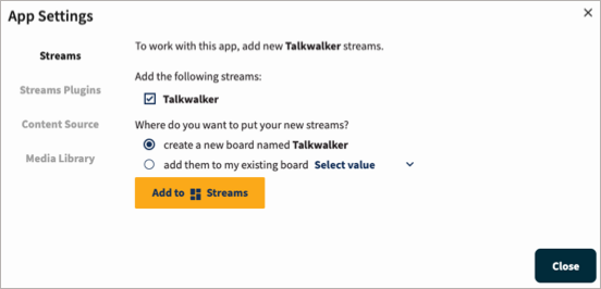 The App Settings window for the Talkwalker app, with Streams settings enabled by default.