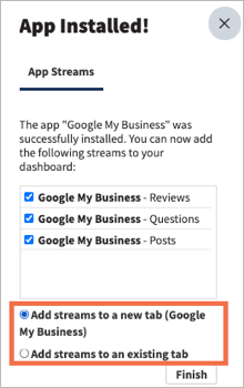 App installed confirmation screen with add streams options highlighted.