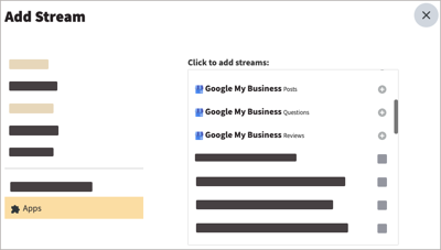 Apps selected in Add Stream, revealing the installed app stream types you can add.