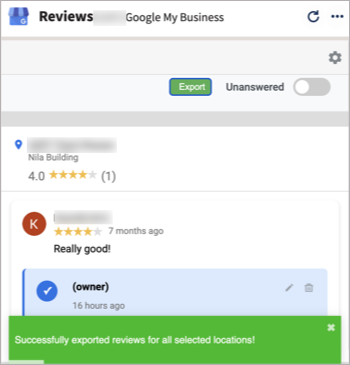 An image of a Google My Business Reviews stream with a confirmation message that reviews have been successfully exported.