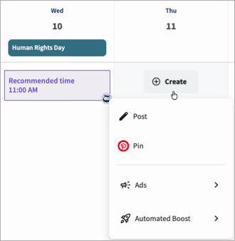 Example showing selecting a time with Create options. A sample recommended time is also shown.