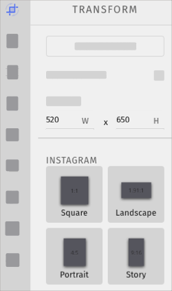 Instagram-specific crop sizes in the Transform section of the image editor.