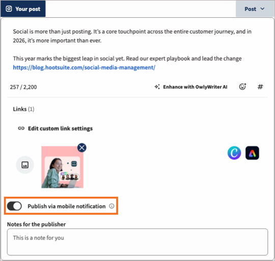 Sample Instagram post with Publish via mobile notification highlighted.