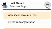 Sample social account with More actions selected and View social account details highlighted.