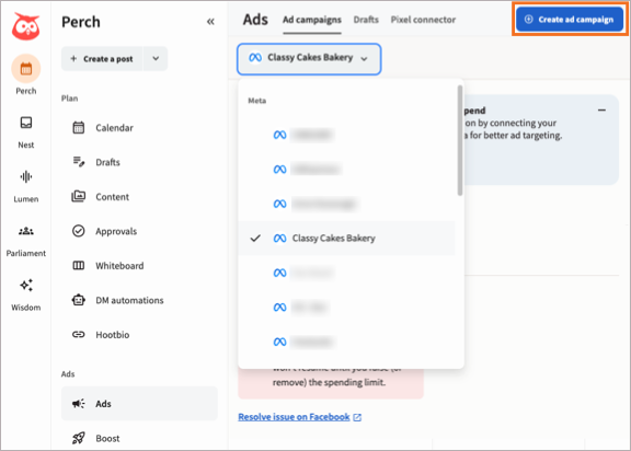 The ad account selector in Hootsuite, with Create ad campaign highlighted.