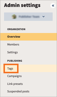 Admin settings with Tags highlighted.