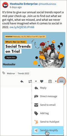 Example post in a stream with More selected and send to amplify highlighted.