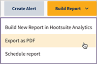The Build report list with export as PDF highlighted.