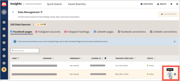 Insights data management showing data sources and accounts with Explore highlighted.