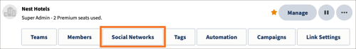 The manage area for a sample organization with social networks highlighted.