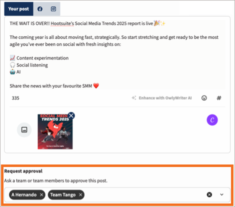 Sample post with Ask for approval area highlighted.