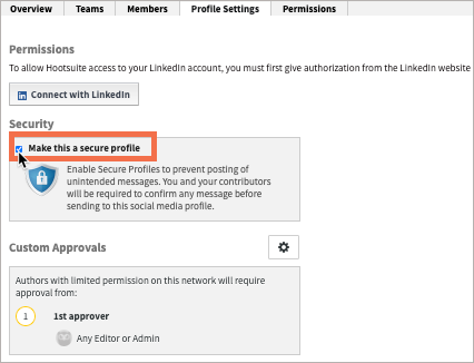 Organization overview with profile settings tab selected and make this a secure profile option highlighted.