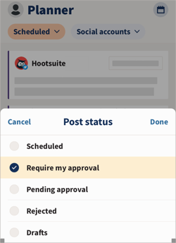The post status list, with Require my approval selected.