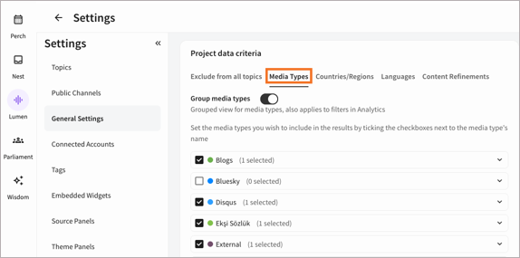 The project settings window in Lumen, with the media types option highlighted.