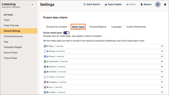 The project settings window in Listening, with the media types option highlighted.