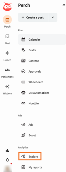 The Perch navigation panel, with the Explore option highlighted under Analytics.