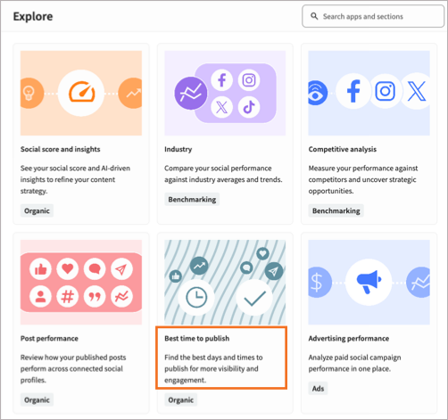 The Explore page in Analytics, with the the Best time to publish tile highlighted.