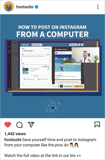 An Instagram post featuring a how-to video for using Hootsuite.