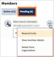 Sample organization showing the members list with Pending highlighted.