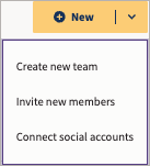 New selected showing Create new team, Invite new members, and Connect social accounts.