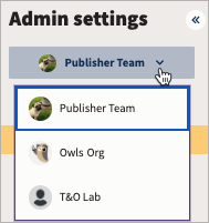 Admin settings with organization list showing three organizations.