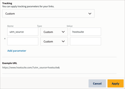 Link tracking settings, with the Custom option selected.