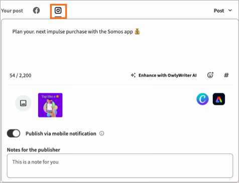 Example post with multiple social networks selected, and the Instagram tab highlighted.
