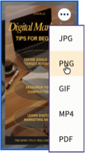 A Canva design in the Media library, with a list of file formats to choose from.
