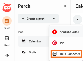 The Create a post menu in the Planner Content window, showing the Bulk Composer option.