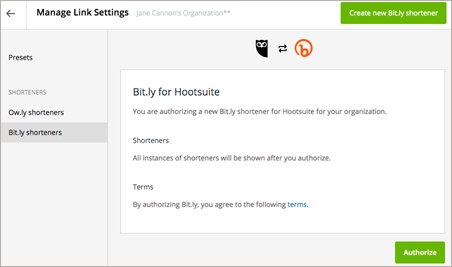 Bit.ly shorener setup in the Link Settings area.