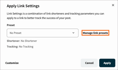 The Manage link presets option highlighted in the Preset list.