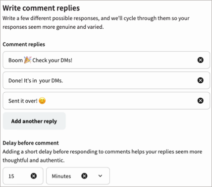 The comment replies window of DM automation workflow.