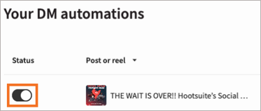 The DM automations dashboard in Plan, with the Status icon highlighted.