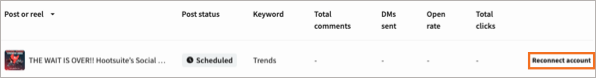 The DM automation status table, with the "Reconnect account" label highlighted.