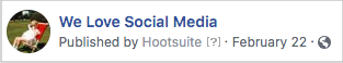 Sample Page name on a post in Facebook with the phrase Published by Hootsuite below it.