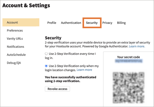 The Account and Settings area, with Security selected and highlighted.